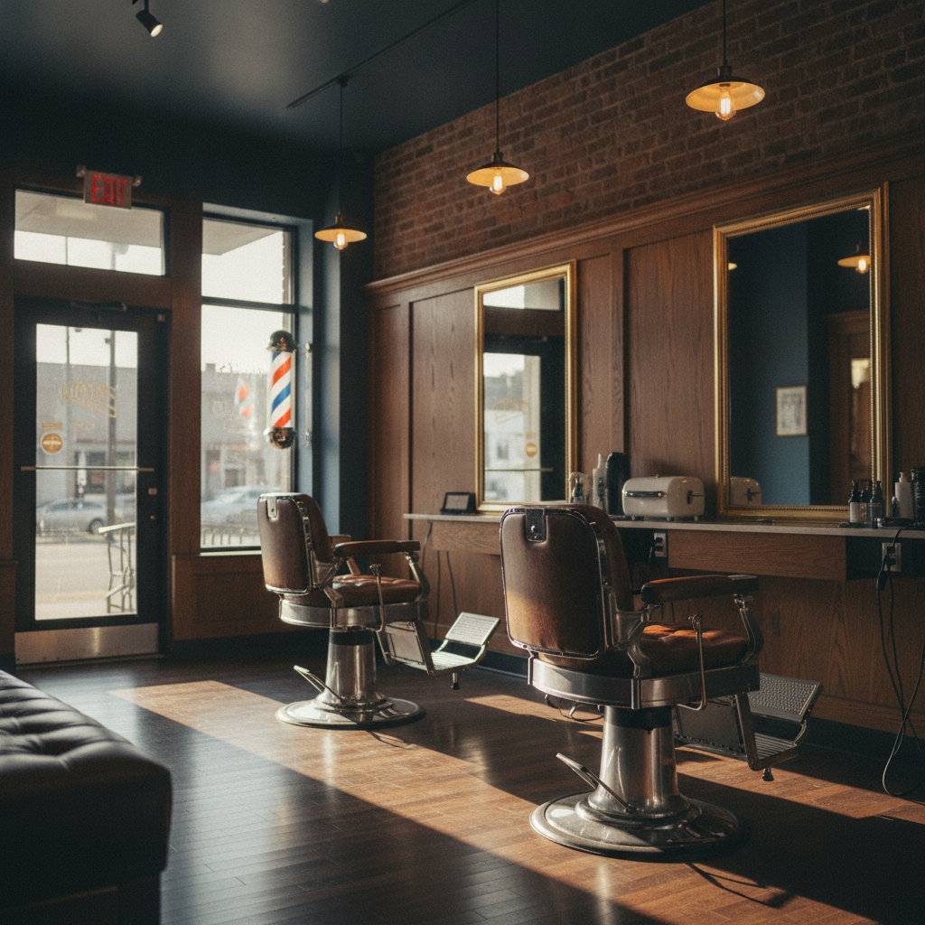 Sun Lakes Barbershop interior — leather chairs and classic barber tools